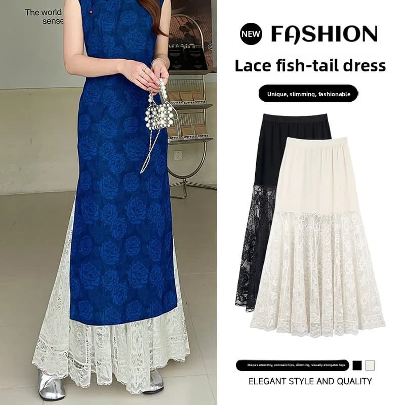 Elegant High Waist Lace Skirt Midi Dress Overlap Mesh Panel Fish Tail Bridesmaid Dress Hanfu Inner Wear Casual Polyester Fiber