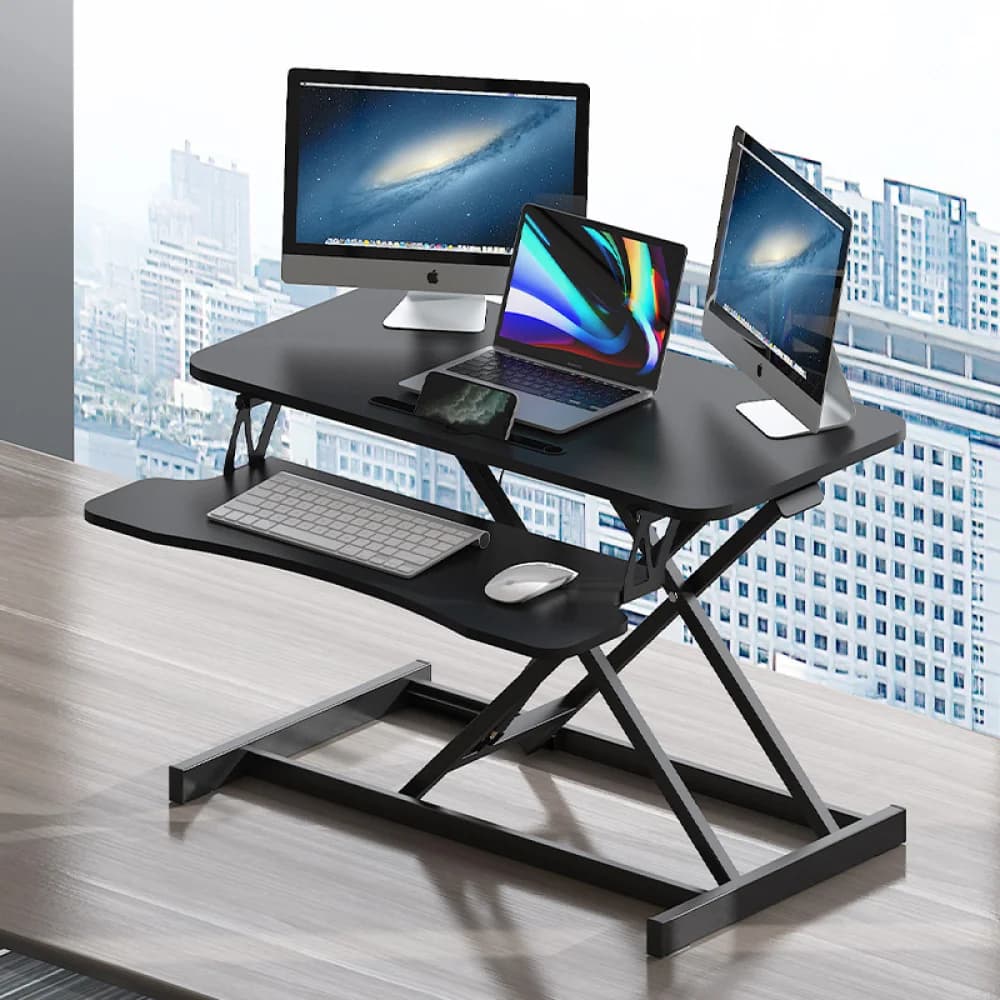 Convertitore per Scrivania Regolabile in Altezza da 32 Pollici, Postazione di Lavoro per Doppio Monitor e Laptop con Ampio Vassoio per Tastiera, Noce