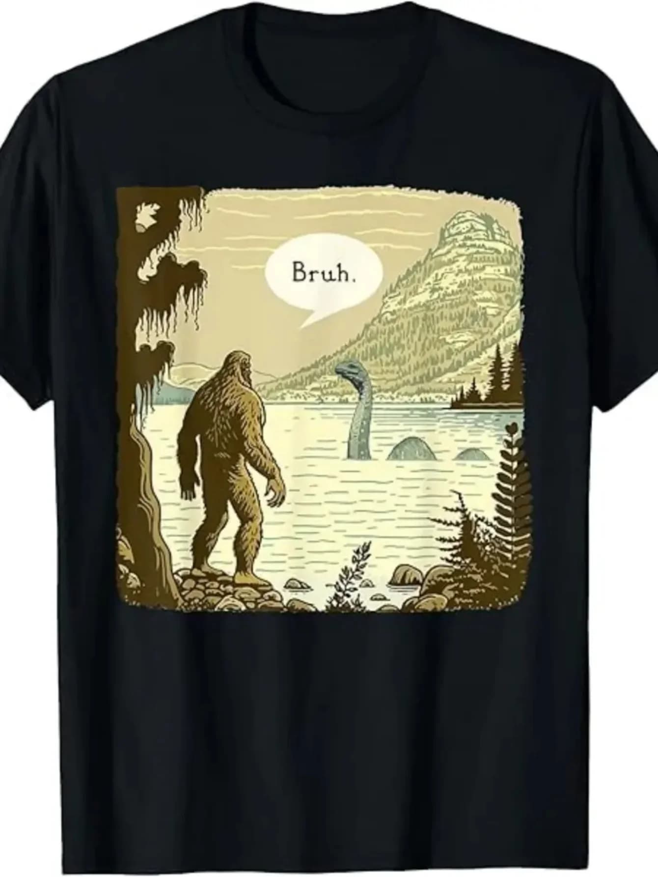 1Pc Unique Sasquatch & Loch Ness Monster Print Men's T-Shirt, 100% Cotton Fabric, Crew Neck, Short Sleeve, Regular Fit, Weekend Casual Wear, All-Season Casual Wear, 180Gsm - Ideal for Valentine's Day, New Year's Day, Father's Day