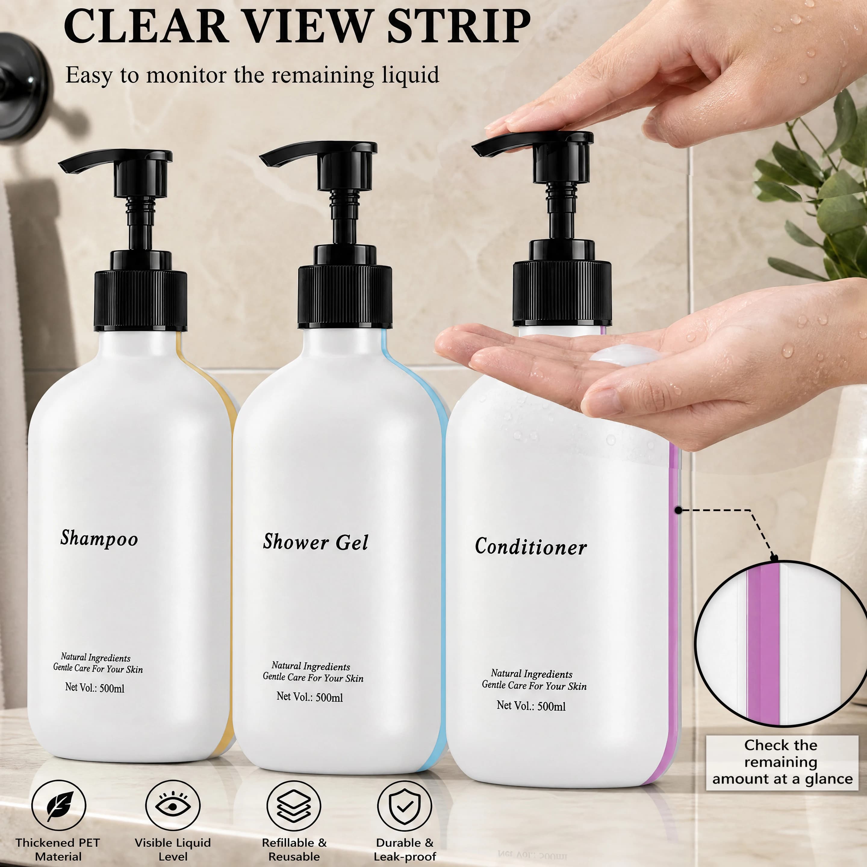 Bathroom Shower Soap Dispenser with Visible Window - Refillable Shampoo, Shower Gel, Conditioner Bottle for Home, Hotels and Spa