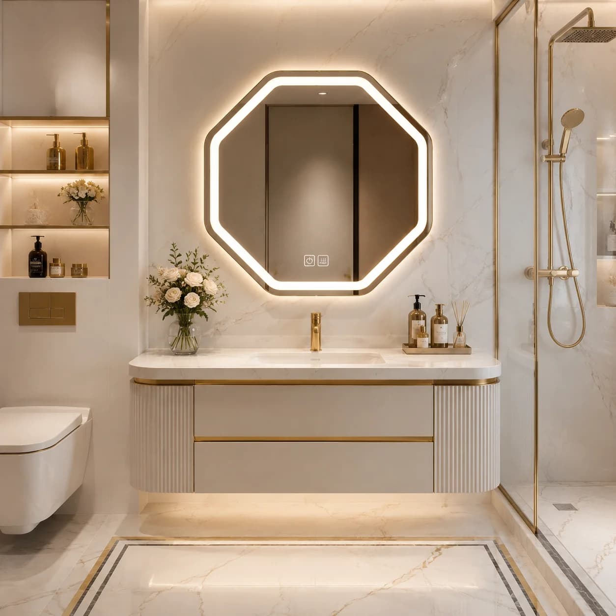 24 Inch Octagonal LED Mirror Anti Fog Touch Dimming 3 Tone Light IP44 Wall Mounted Bathroom Vanity Mirror Aluminum Frame 60cm
