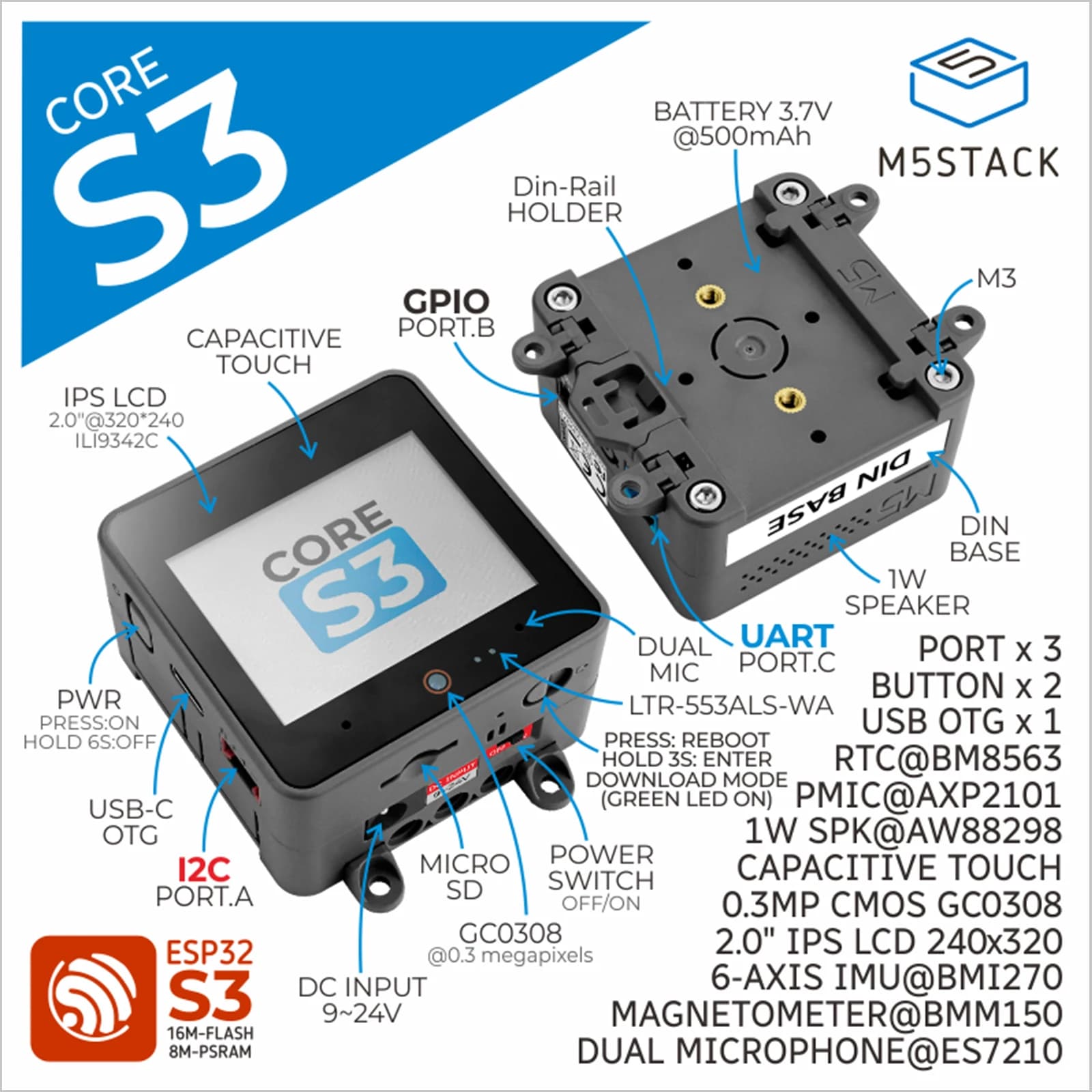 M5Stack CoreS3 ESP32S3 loTKit di sviluppo per fai da te e controllo intelligente