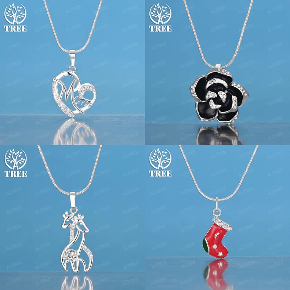 AAA Zircon 925 Sterling Silver Heart Flower Red Socks Sika Deer Pendant Necklace Women Engagement Party Cute Jewelry Accessories