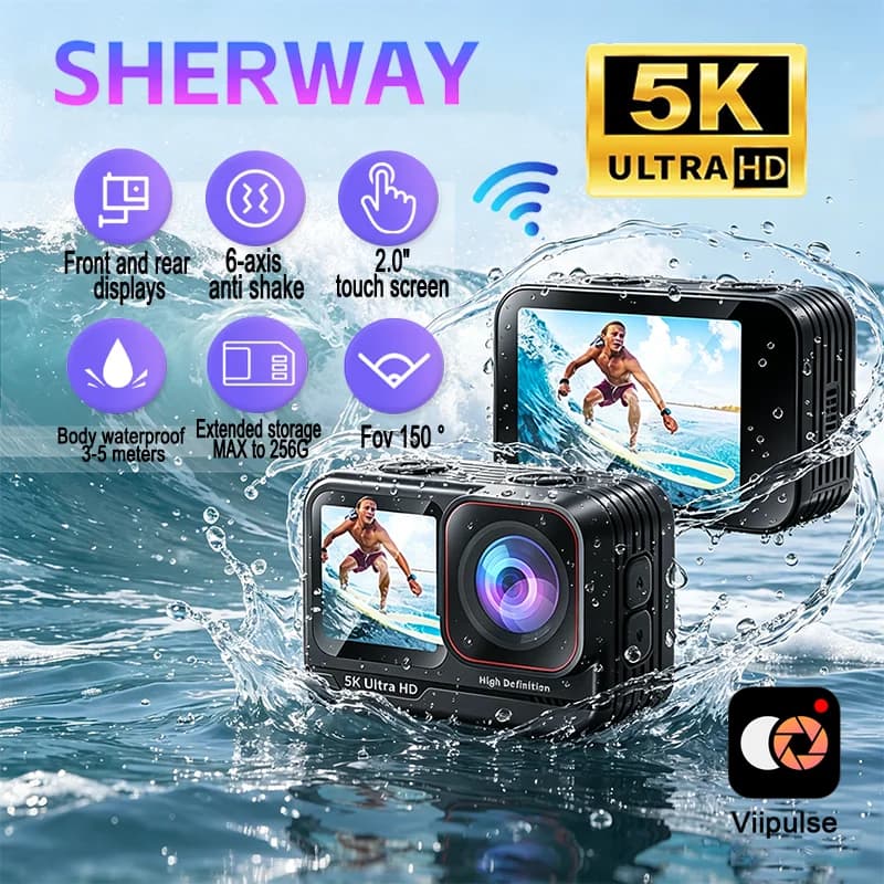 Action Camera 5K 4K60fps con Touchscreen da 2.0'' e Registrazione Video, Impermeabile, con EIS a 6 Assi, per Moto, Bici e Casco