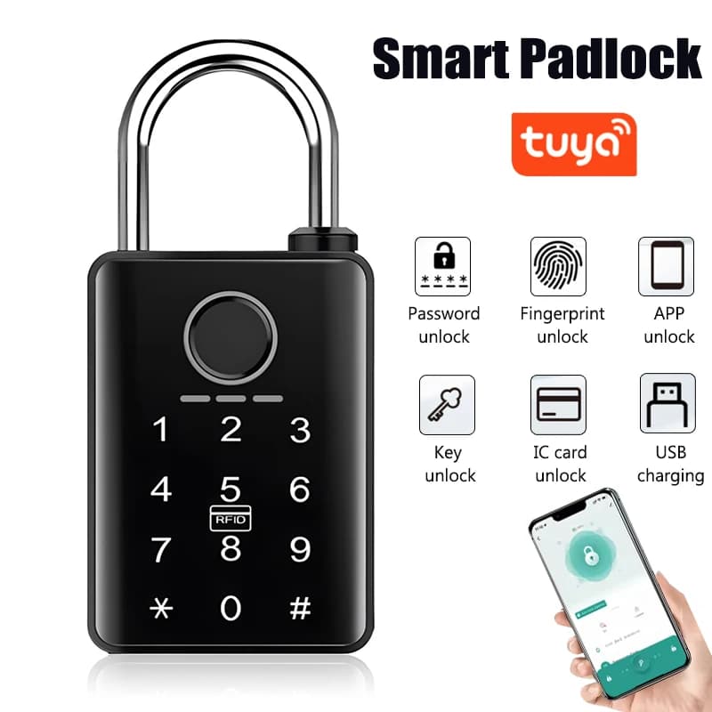 Tuya Smart Door Lock Lucchetto per impronte digitali Password APP Chiave della scheda Sblocco 7mm 10mm Lucchetto intelligente Serratura elettronica impermeabile