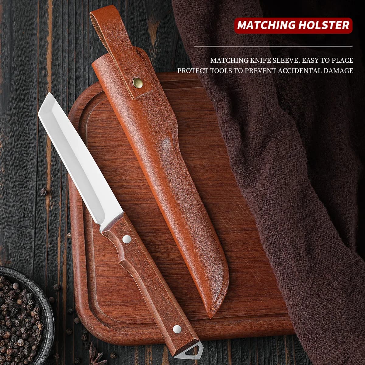 Coltello multiuso da cucina in acciaio inossidabile con manico in legno Coltello da bistecca Disossare Paring Mannaia per carne Coltello da frutta con coperchio regalo