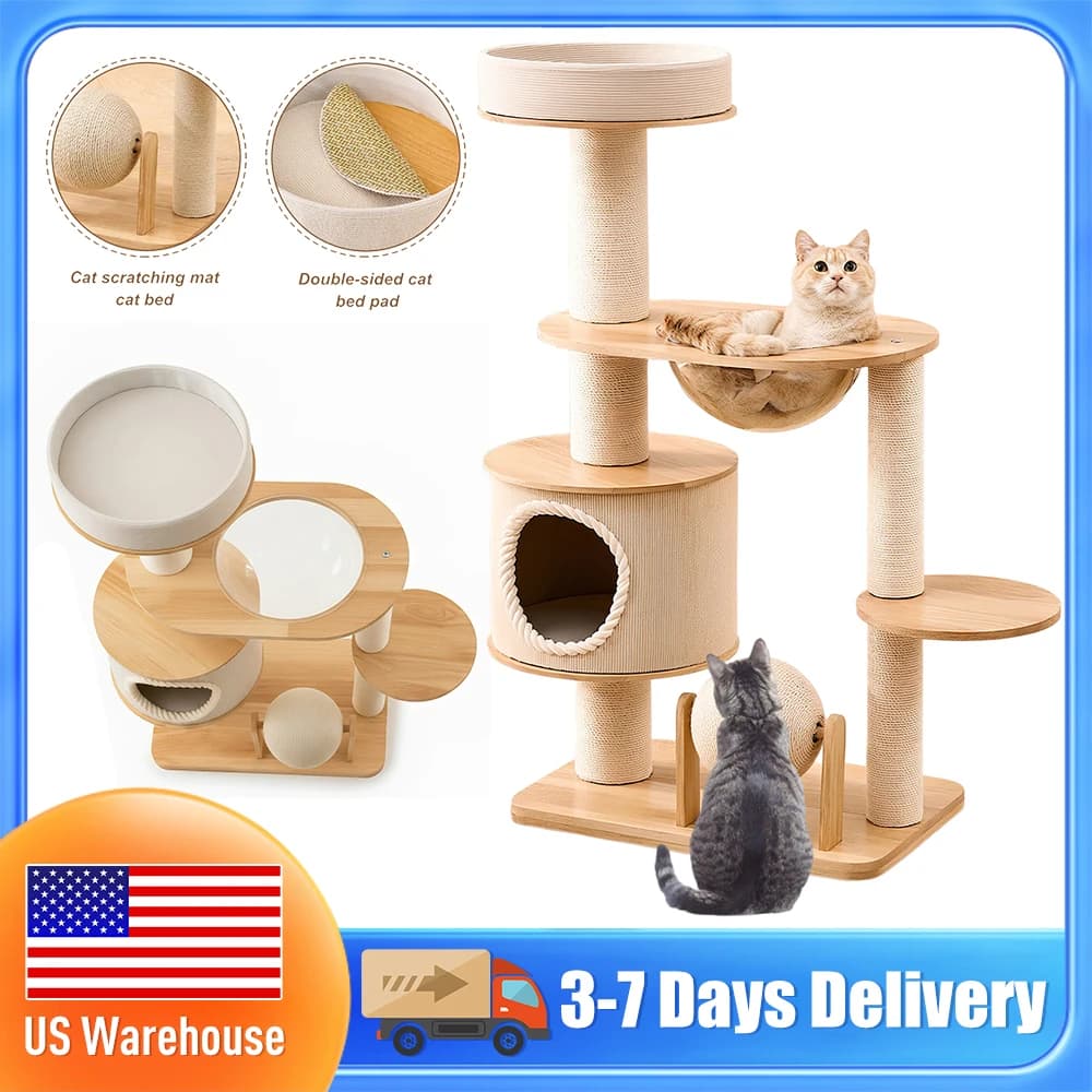 Cuccia Integrata per Gatti e Piattaforma Salto, Struttura Stabile per Arrampicata con Tiragraffi, Cuscino Reversibile, Casetta Gioco per Animali Domestici