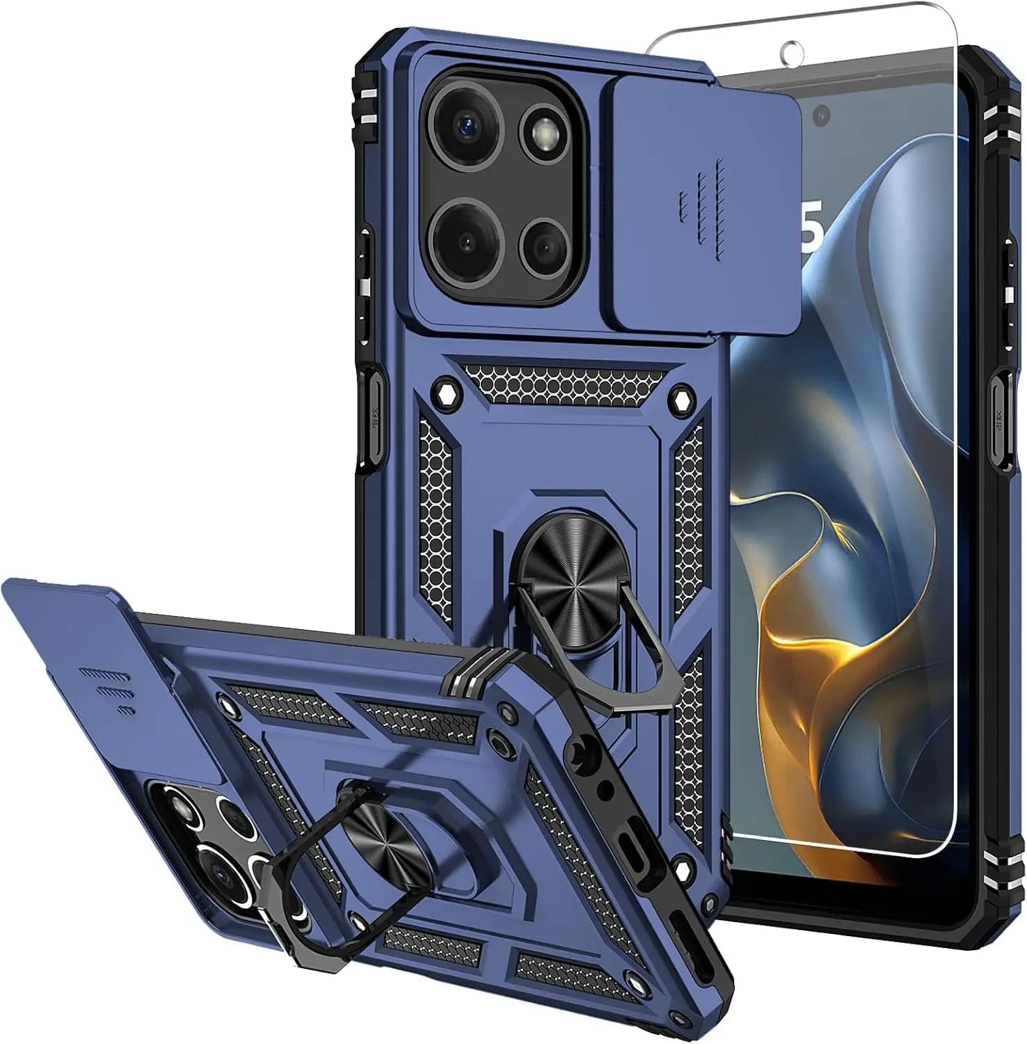Custodia per telefono di livello militare testata contro cadute da 16 piedi con protezione per lo schermo, copertura per la fotocamera e supporto magnetico - Blu