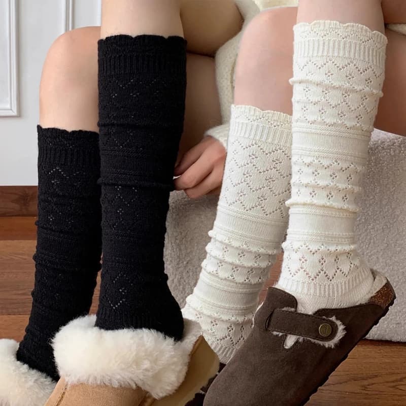 Calzini Lunghi in Maglia Traforata Stile Harajuku, Calze in Cotone a Pelo Lungo per Donne e Ragazze, Calzini a Tubo Lungo in Tinta Unita Lavorati all'Uncinetto