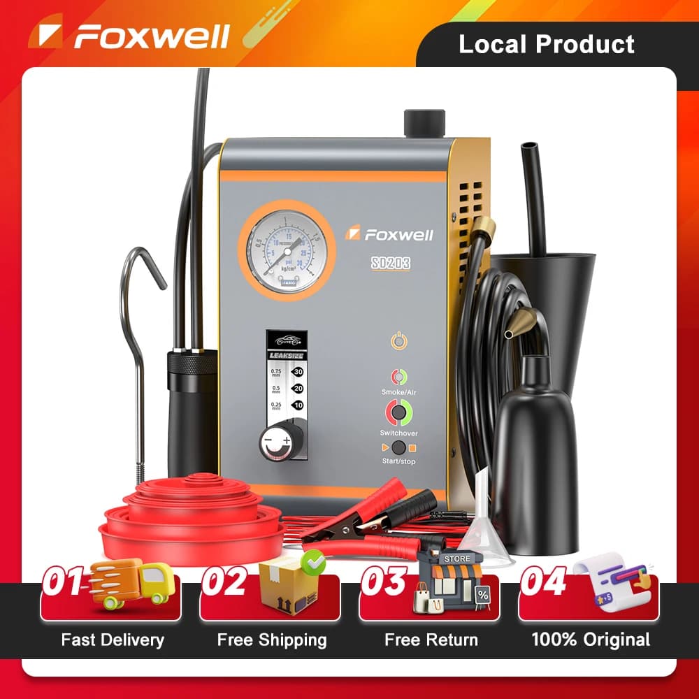 2025 FOXWELL SD203 Macchina del fumo automobilistica 12V Pompa d'aria incorporata EVAP Rilevatore di perdite di vuoto Tester diagnostico per perdite di tubi per auto