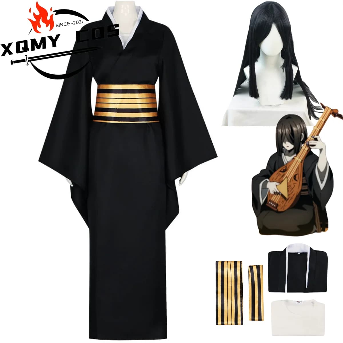 XqAnime Nakime Costume Cosplay Infinity Castle Pipa Girl Parrucca Kimono nero giapponese Abito Accappatoio Parrucca Donna Vestito di carnevale