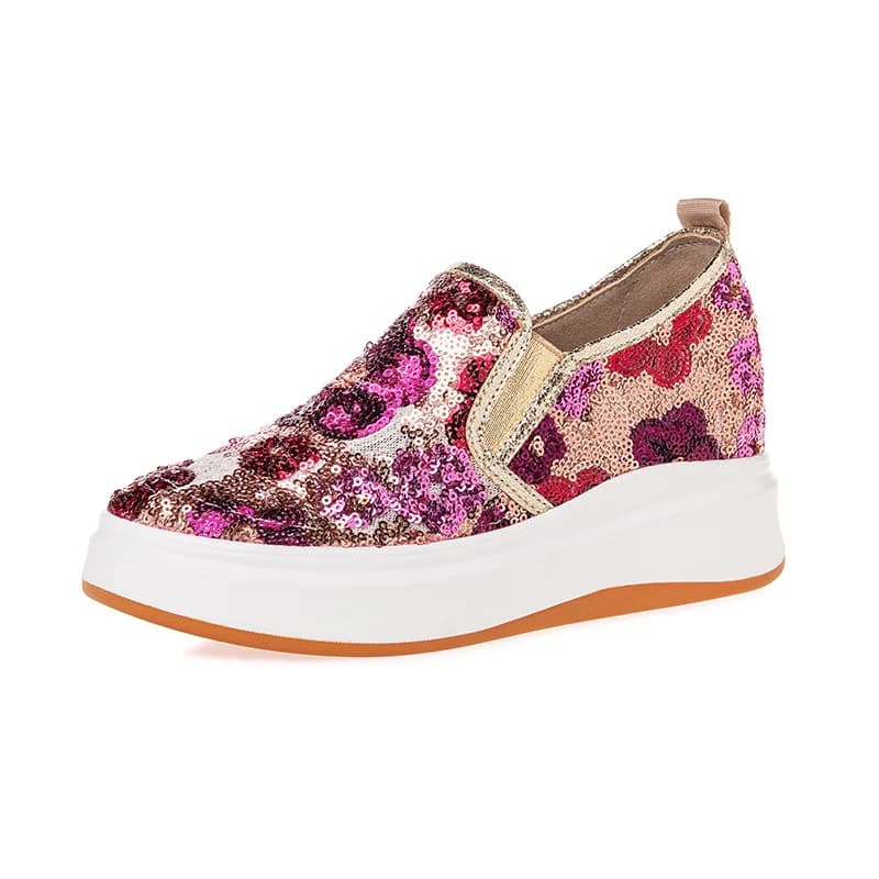 Scarpe da Donna Slip-On 7cm con Zeppa, Tomaia in Rete Traspirante, Design con Paillettes e Fiori Scintillanti, per Primavera e Autunno