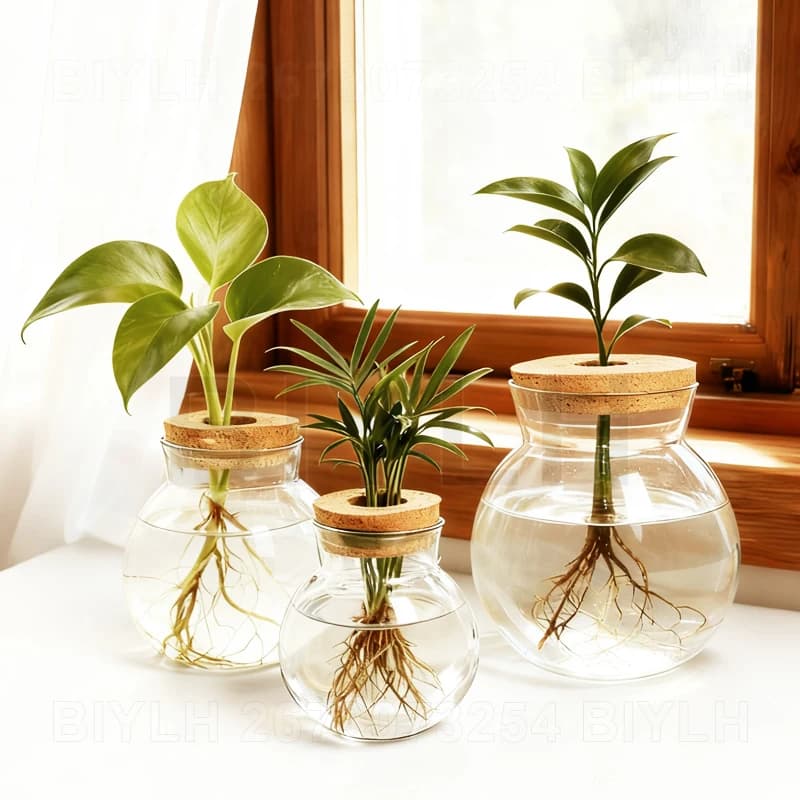 Vaso di vetro per piante idroponiche con coperchio in sughero Decorazioni per la casa Vaso per piante trasparente Accessori da giardino Bottiglia ecologica micro-paesaggio