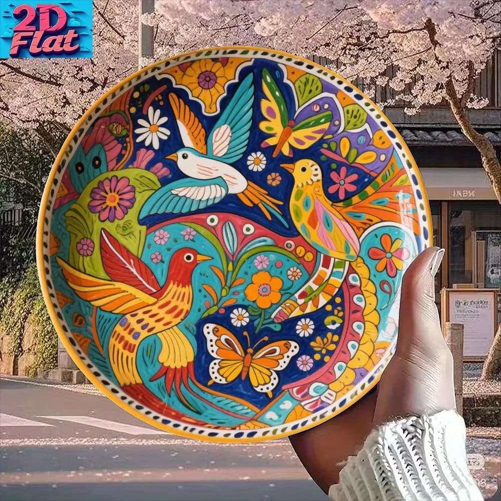 Pannello Murale 2D Piatto, 1 Pezzo in Alluminio Stile Folk Vintage - Pannello Circolare 2D Leggero con Vivaci Motivi di Uccelli e Fiori, Ret
