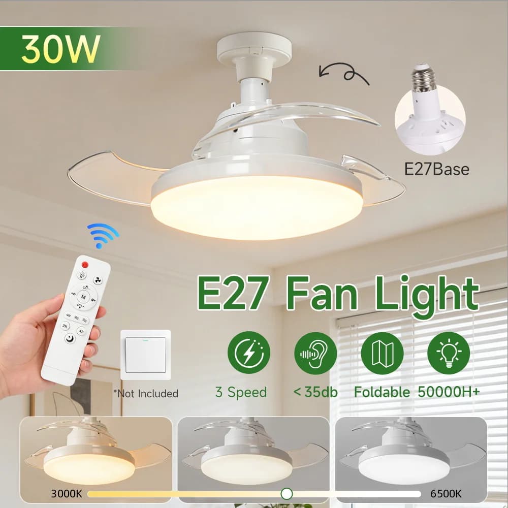 Ventilatore da Soffitto E27 Elettrico NUOVO 2026 con Telecomando, Lampada da Soffitto per Stanza 110V 220V, 3 Colori Disponibili - Luce Regolabile con Telecomando
