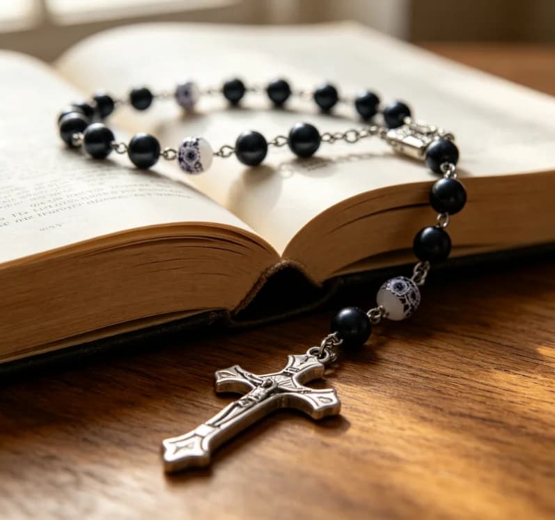 Dark Blue Pearl Mini Rosary Bracelet, Floral Printed Beads Catholic Cross Prayer Rosary Bracelets Religious Jewelry Gift for Women