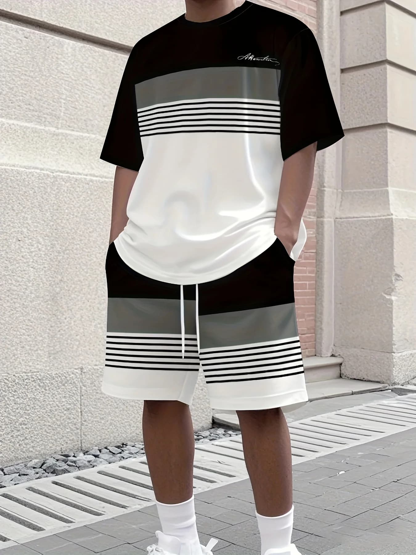 Men's Sporty Dress Two Pieces: T-Shirt Round Neckline Court and Shorts - Man's Running Clothing Plus Size - T-Shirt Men's Summer