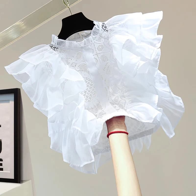 Elegante Camicetta con Collo Alto e Pizzo Traforato, Nuova Moda Primaverile da Donna, Camicia Floreale con Applicazioni a Uncinetto