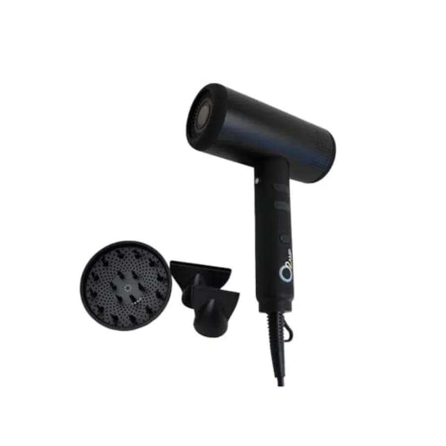 Professional lightweight travel-friendly ionic hair dryer for salon and home use, black with dual ion generator and brushless m