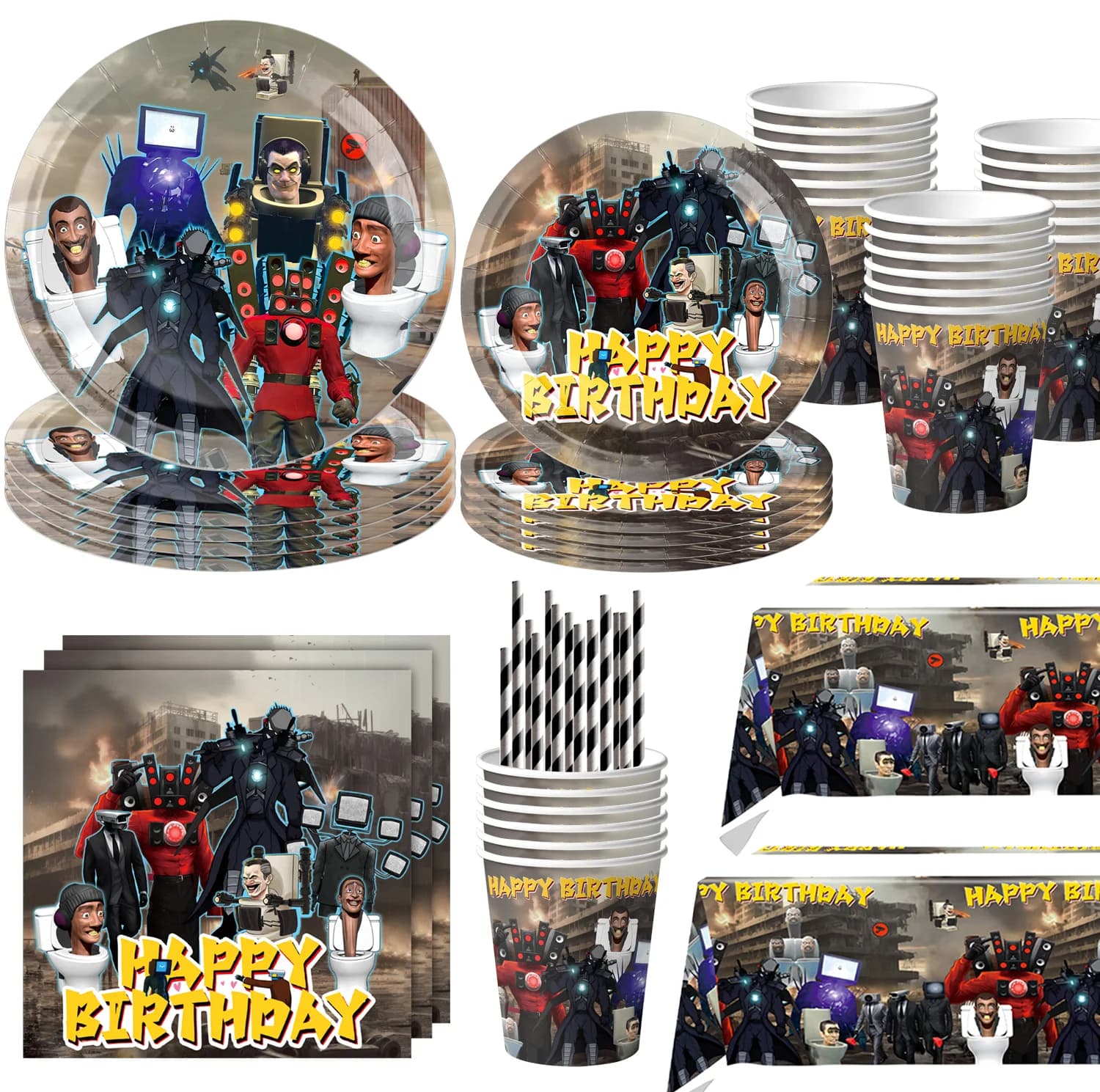 Skibidi Toilet Birthday Party Decoration Toilet Man Latex Balloons Tableware Plate Backdrop For Kids Party Supplies Cake Topper