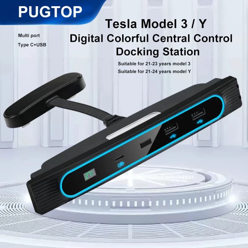 Adatto per Tesla Model 3/Y Docking Station Luce ambientale Hub di ricarica per auto Docking station di controllo centrale Hub USB 27W