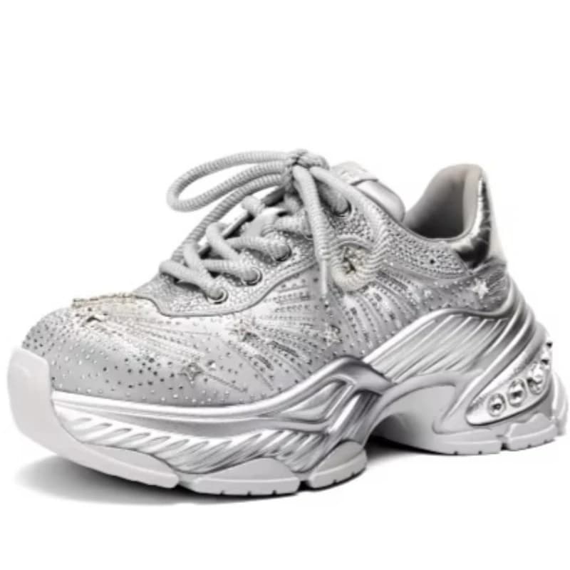 Future Silver Street Hot Diamond Daddy Shoes Women's Genuine Leather Height Increasing Shoes Casual Sports Shoes Chunky Sneakers