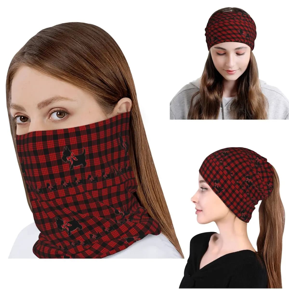 Black Scottie Dog Plaid Tartan Scottish Terrier Lover Bandana Neck Cover Wrap Mask Scarf Balaclava Beanies Hat Unisex Adult