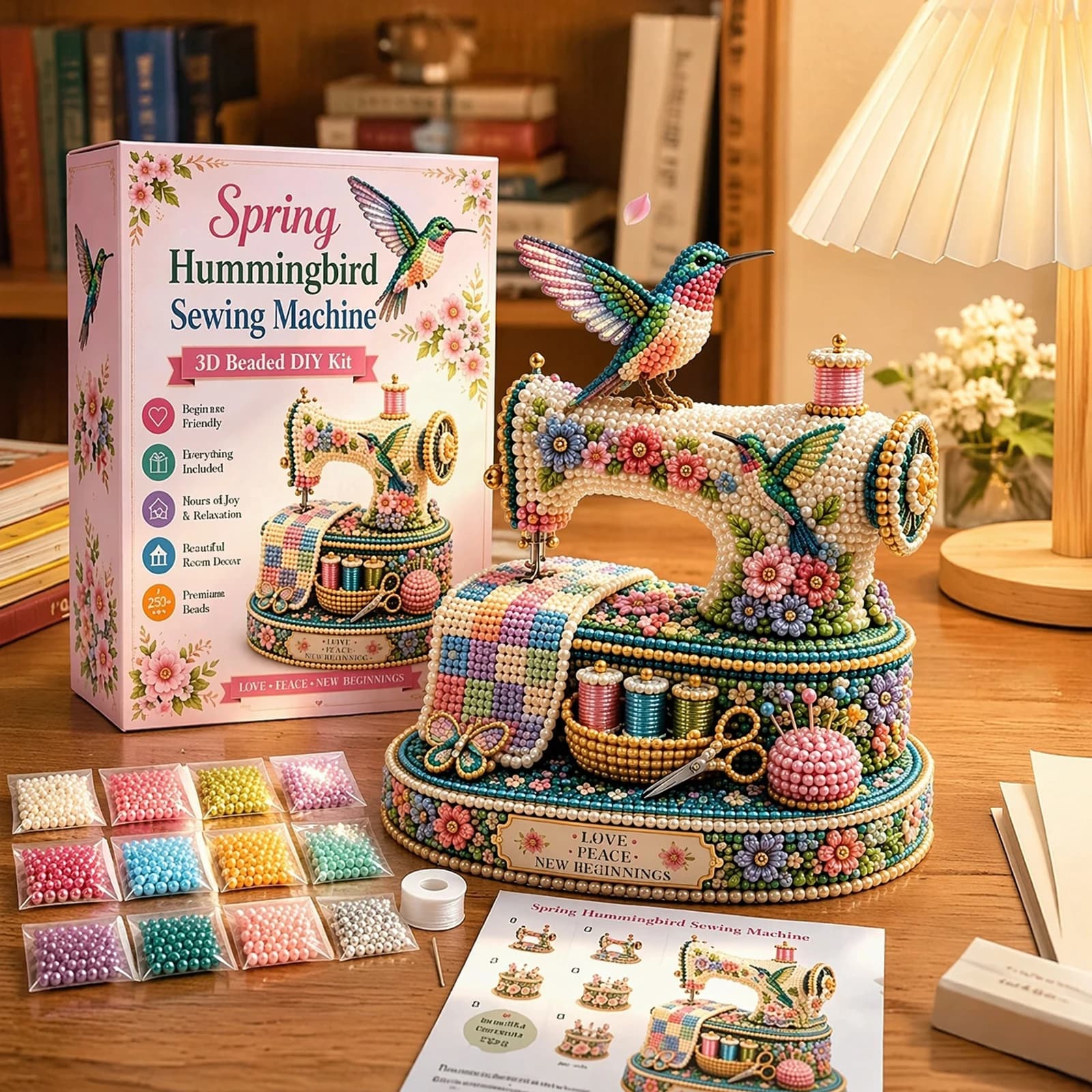 Spring Hummingbird Sewing Machine Beading Craft Set 3D Beadwork Kit 3D Bead Making Kit for Adult Beginners & Craft Enthusiasts