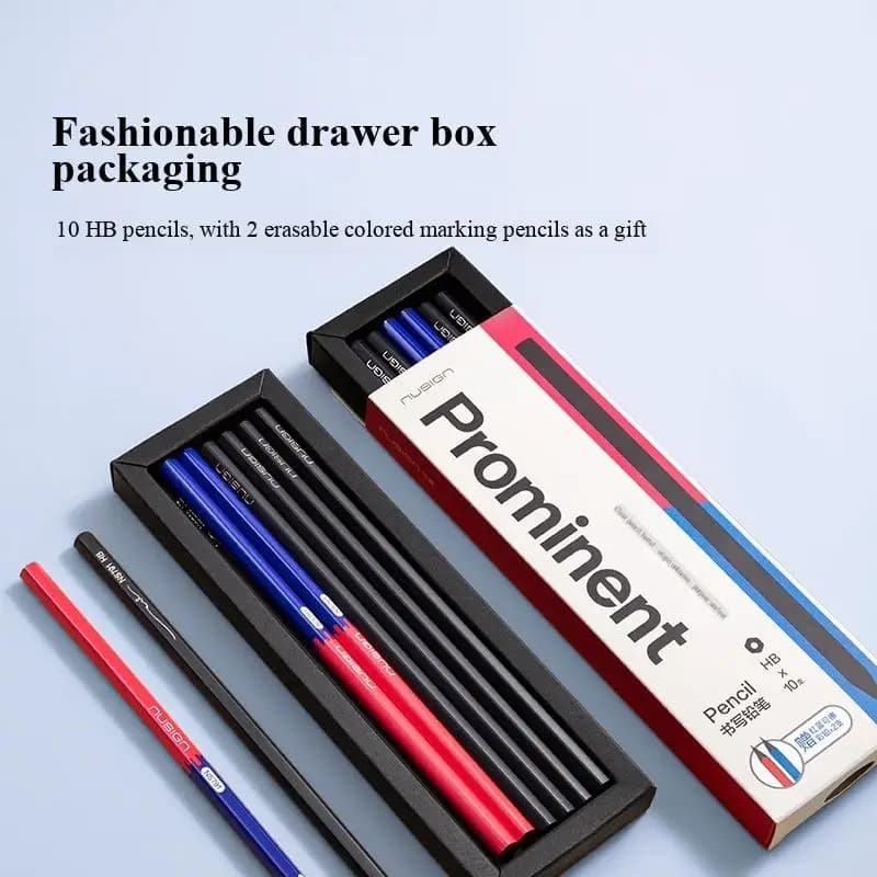 12PCS Lead-Free Erasable Pencils Set Deli Nusign NS791 10 HB + Blue & Red Colored Pencils Multi-application for School Office
