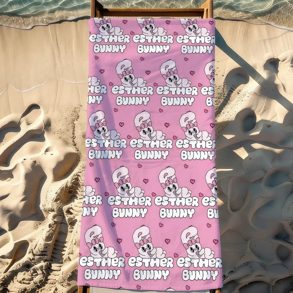 Asciugamano da Spiaggia Grande, Morbido e Leggero, con Coniglio Rosa Cartoon E-Esther-S, Asciugatura Rapida, Antiscivolo, per Sport, Viaggi e Campeggio