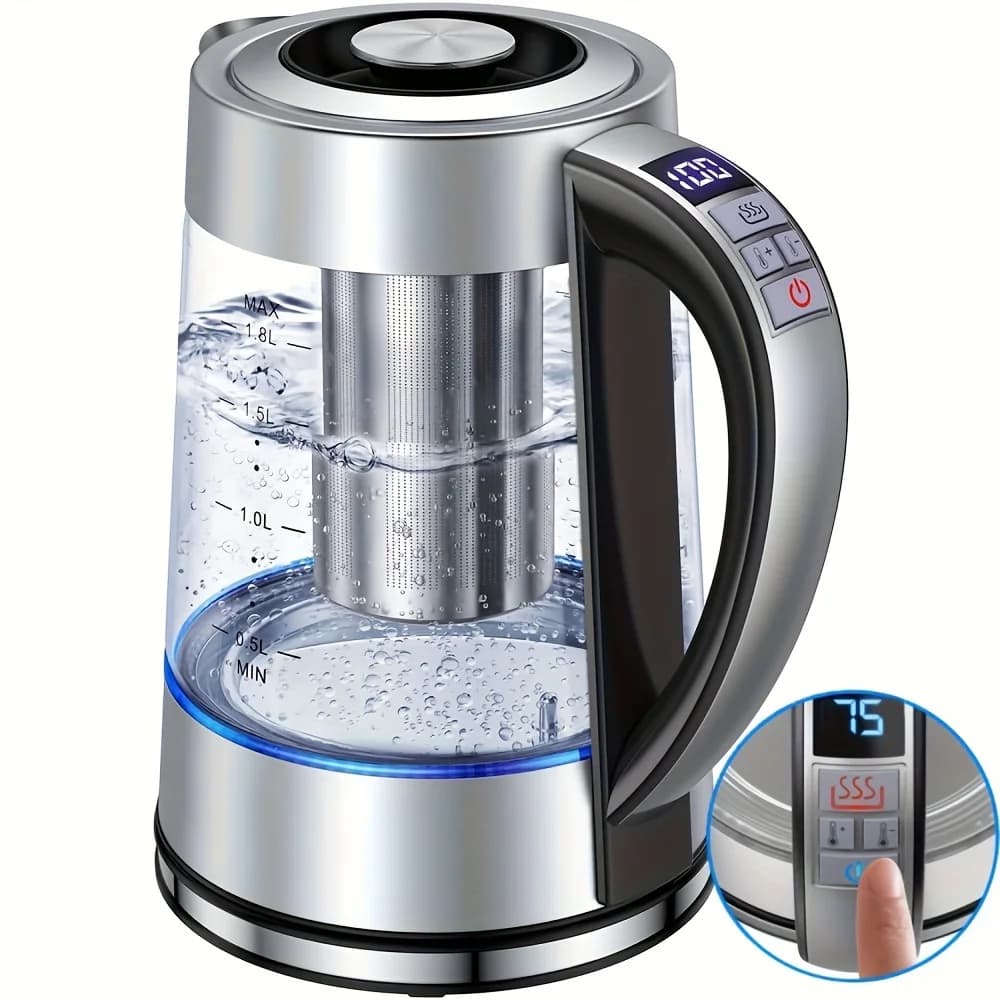 Electric glass kettle, 1.8 litre tea kettle with 12 temperature control levels and tea infusion, keeps heat up to 24 hours, stainless steel