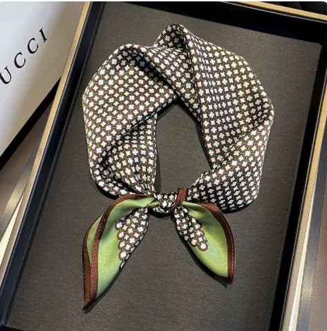 Green Brown Geometric Check Satin Small Square Scarf Women Neck Scarf Hair Accessory