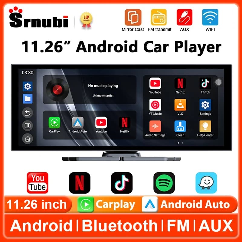 Autoradio universale da 11,26 pollici con sistema Android, lettore multimediale, GPS, WIFI, Carplay, Android Auto, monitor per auto per YouTube e Netflix