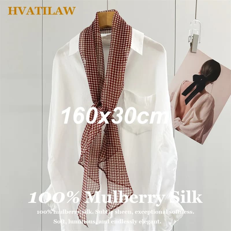 Sciarpa di Lusso 100% Pura Seta 160x30cm, Sciarpa Lunga Estiva per Protezione Solare, Sciarpa a Quadri in Chiffon di Seta da Donna, Foulard Avvolgente, Sciarpa da Collo