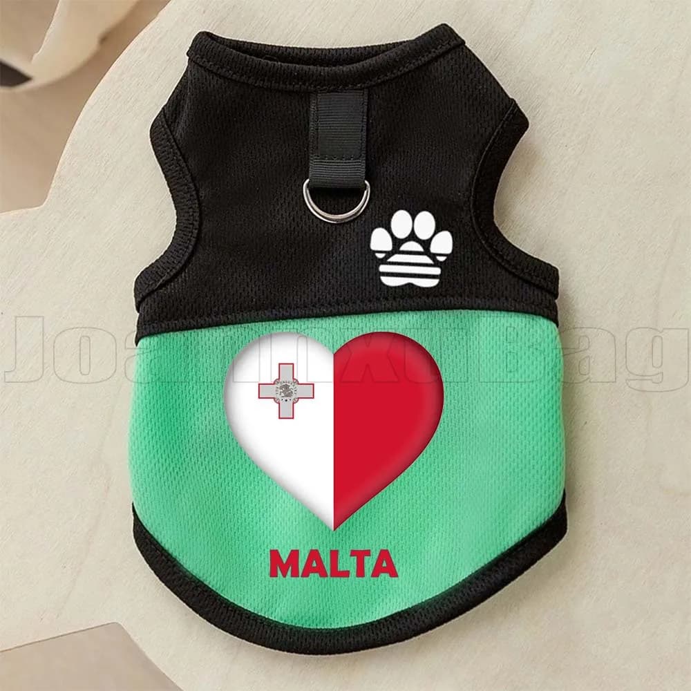 Pettorina a rete per animali domestici con bandiera a cuore di Malta per cani e gatti, abbigliamento estivo da esterno per cuccioli e gattini, gilet per cani con stampa zampa e anello a D per guinzaglio