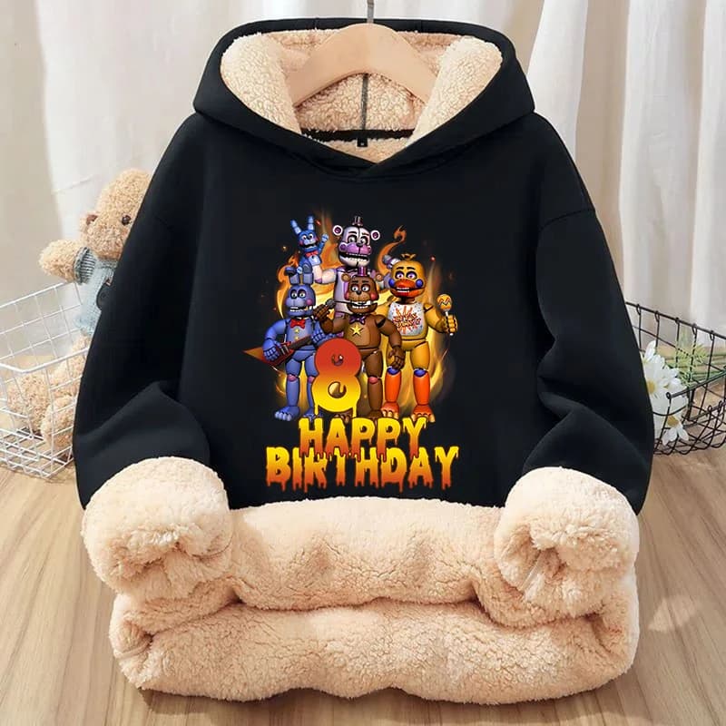 Five Nights At Freddy's 2 Birthday Number Pullover Hoodies Lamb Fleece Top Cartoon Long Sleeve Sweatshirt Party Supplies Clothes