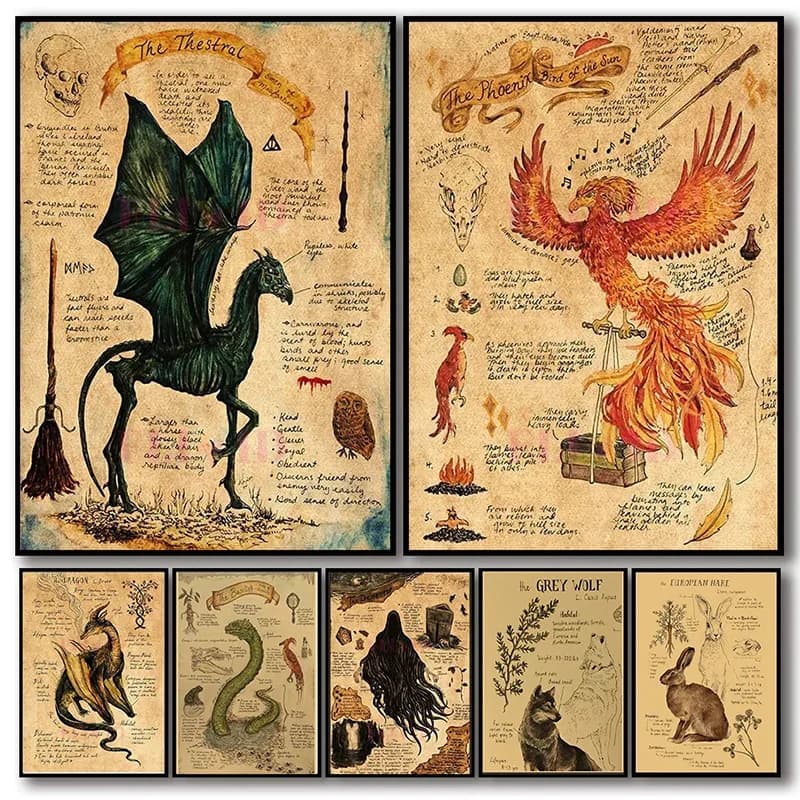 Retro Animal Unicorn Poster Aesthetics Dementor Dragon Wall Art Decoration Magic Monster Halloween Witch Kitchen Home Room Decor