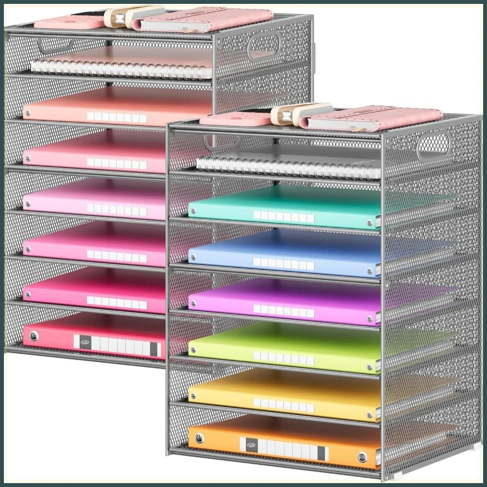 Confezione da 2 organizer da scrivania in rete a 8 livelli con 5 vassoi regolabili e maniglia, colore argento
