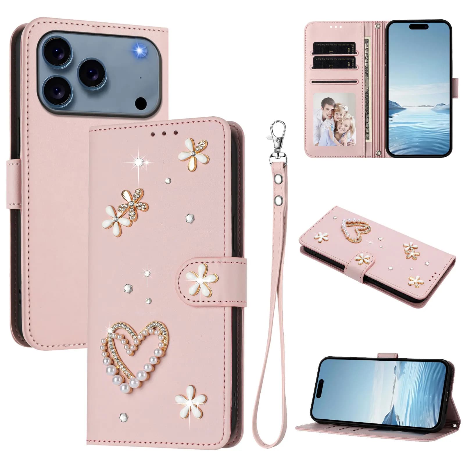 Leather Wallet Case with Fashion Strap and Card Slot, Anti-shocked, Glittered, for iPhone 17 Pro Max 16 Plus 15 14 13 12 11