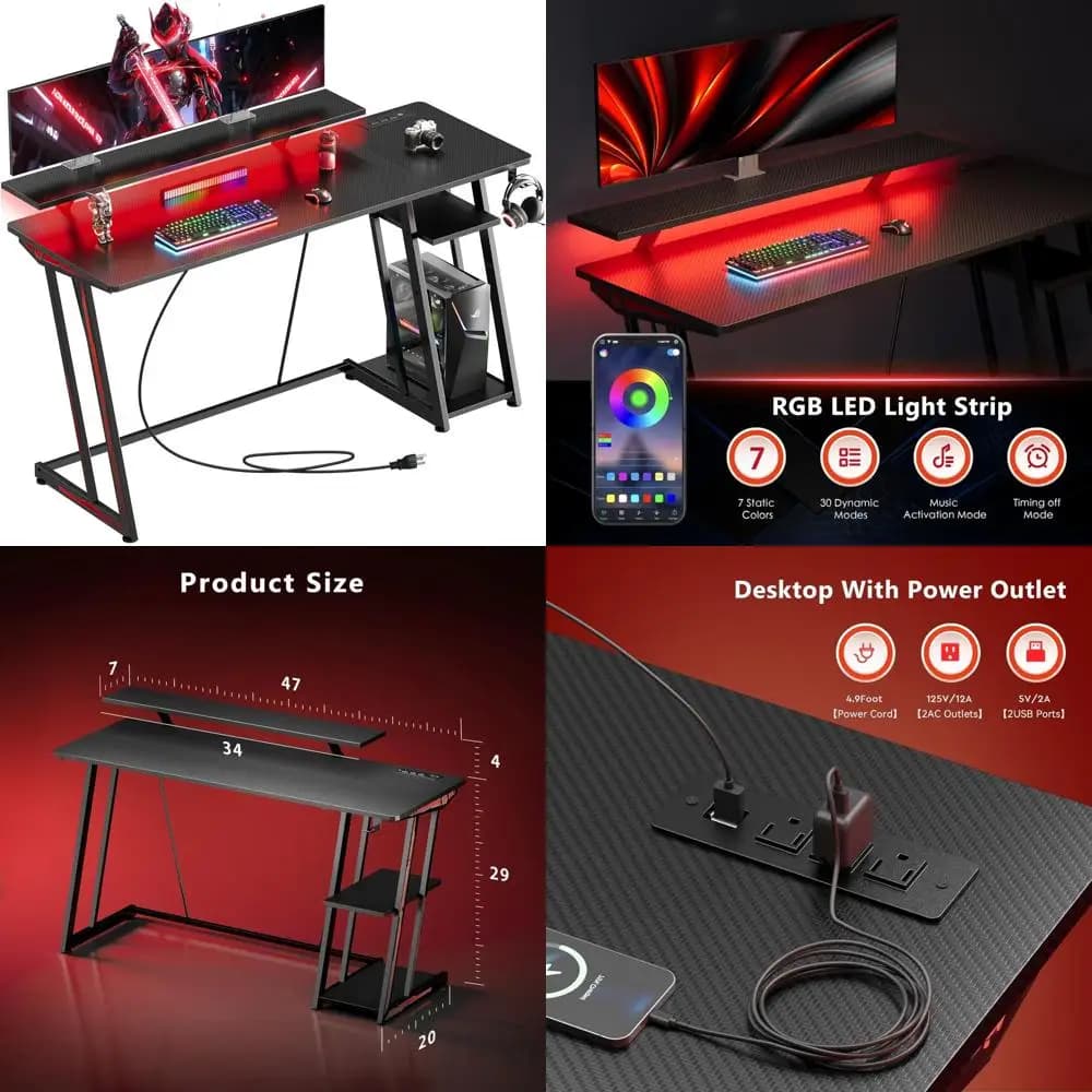 47 inch LED illuminated gaming desk with current sockets and carbon fiber adjustable table with monitor support and storage