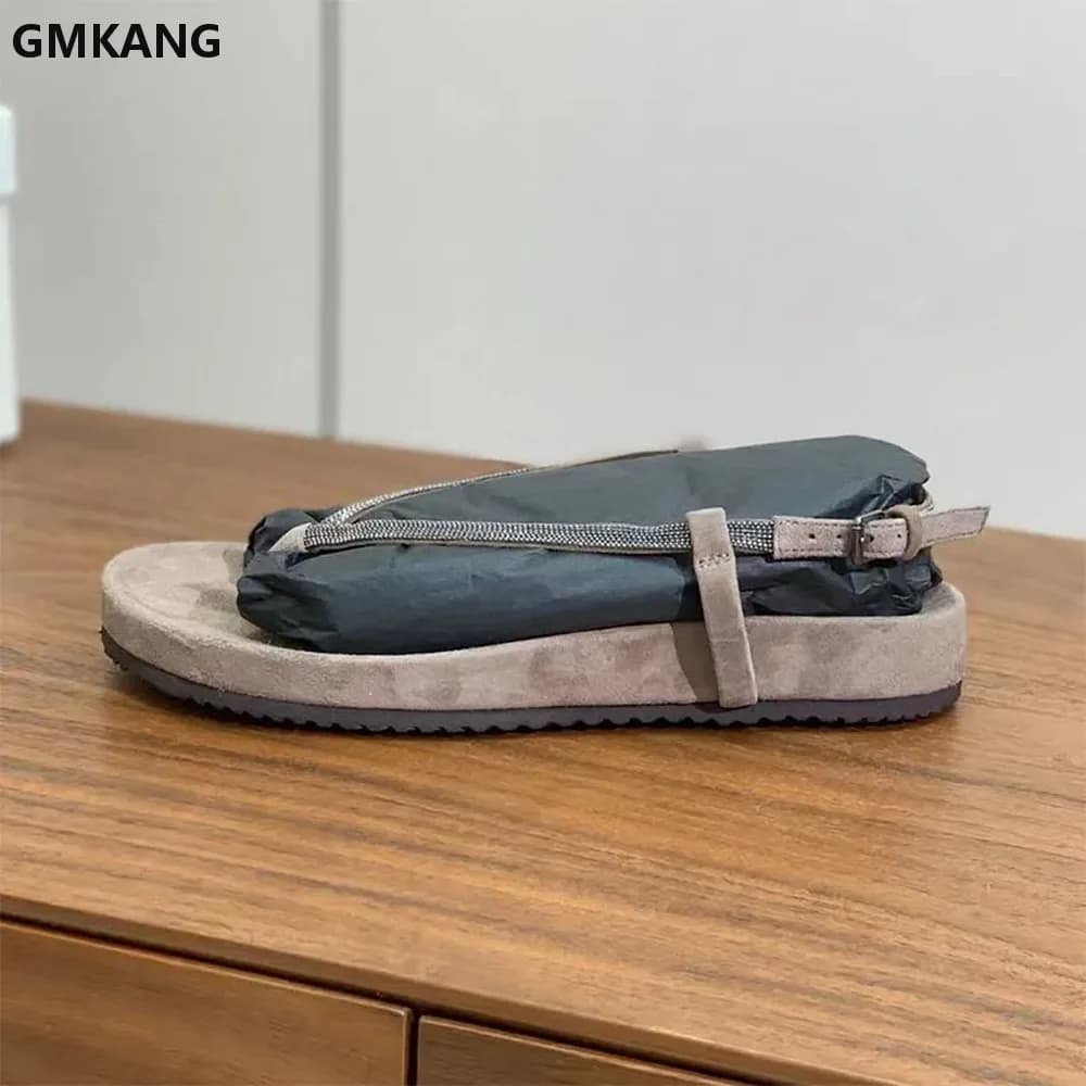 Women Suede Leather Sandals Flat Thick Sole Slide Sandals Bohemian Beaded Strappy Rome Shoes Summer Casual Holiday
