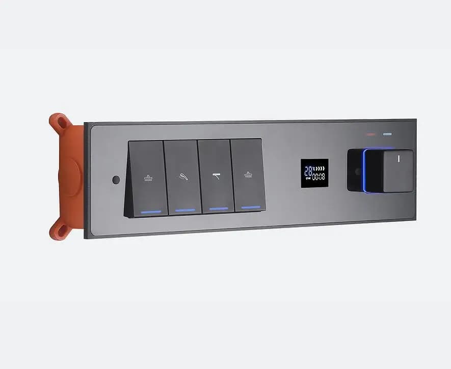 Miscelatore Doccia a 4 Vie con Display LED Temperatura, Valvola a Pulsante Nascosta in Vetro Temperato Nero e Deviatore