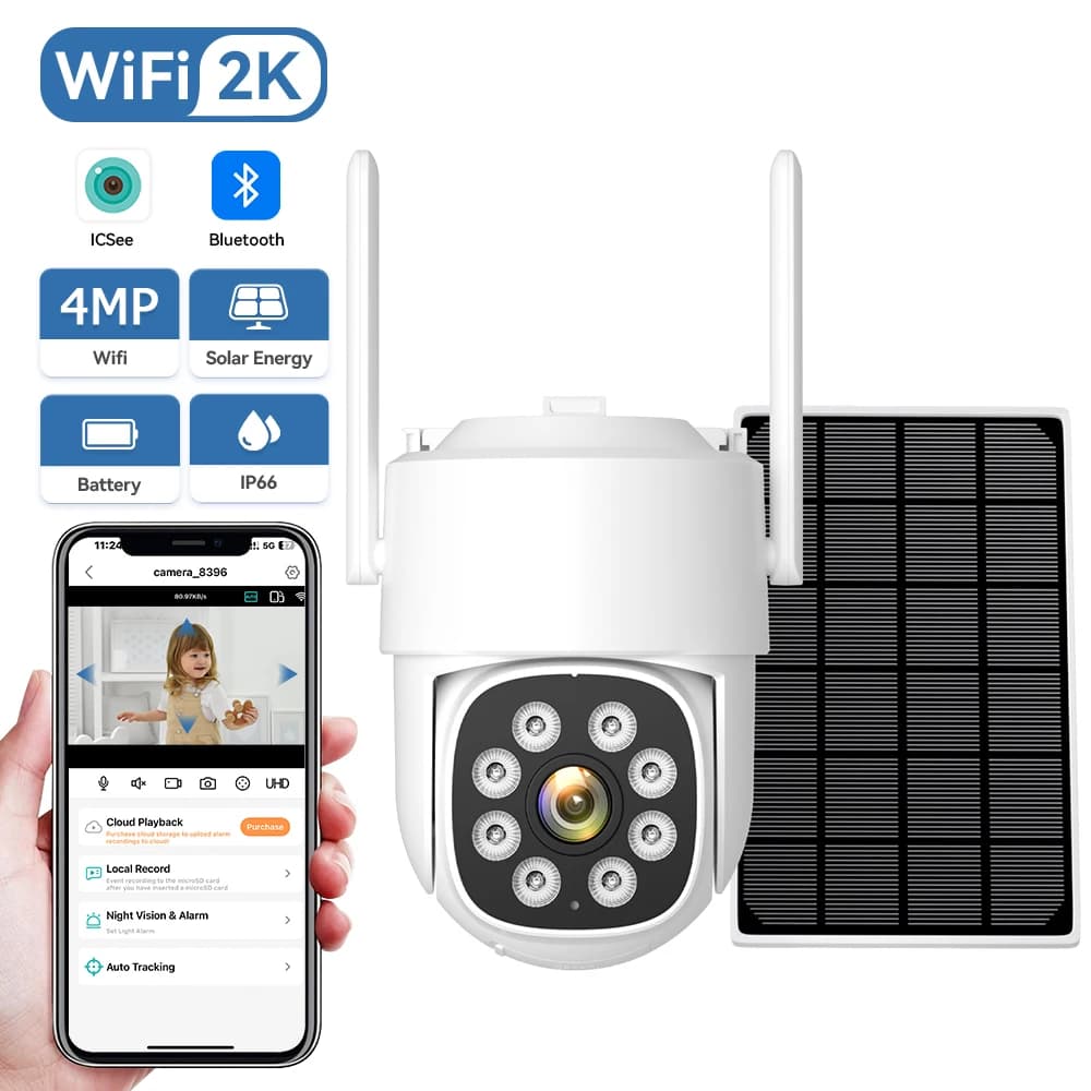 Telecamera di Sicurezza Solare HD 4MP con Batteria Integrata, 365 Giorni di Standby, Registrazione Video 24/7, Impermeabile IP66, WiFi Wireless per Esterni