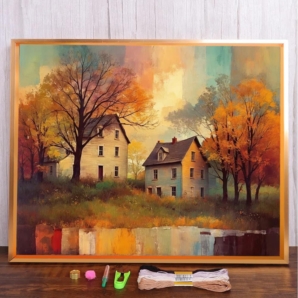 Paesaggio Autunno Casa Tessuto stampato 11CT Kit punto croce Ricamo Cucito Cucito Hobby Fatto a mano Mulina Design Pacchetto