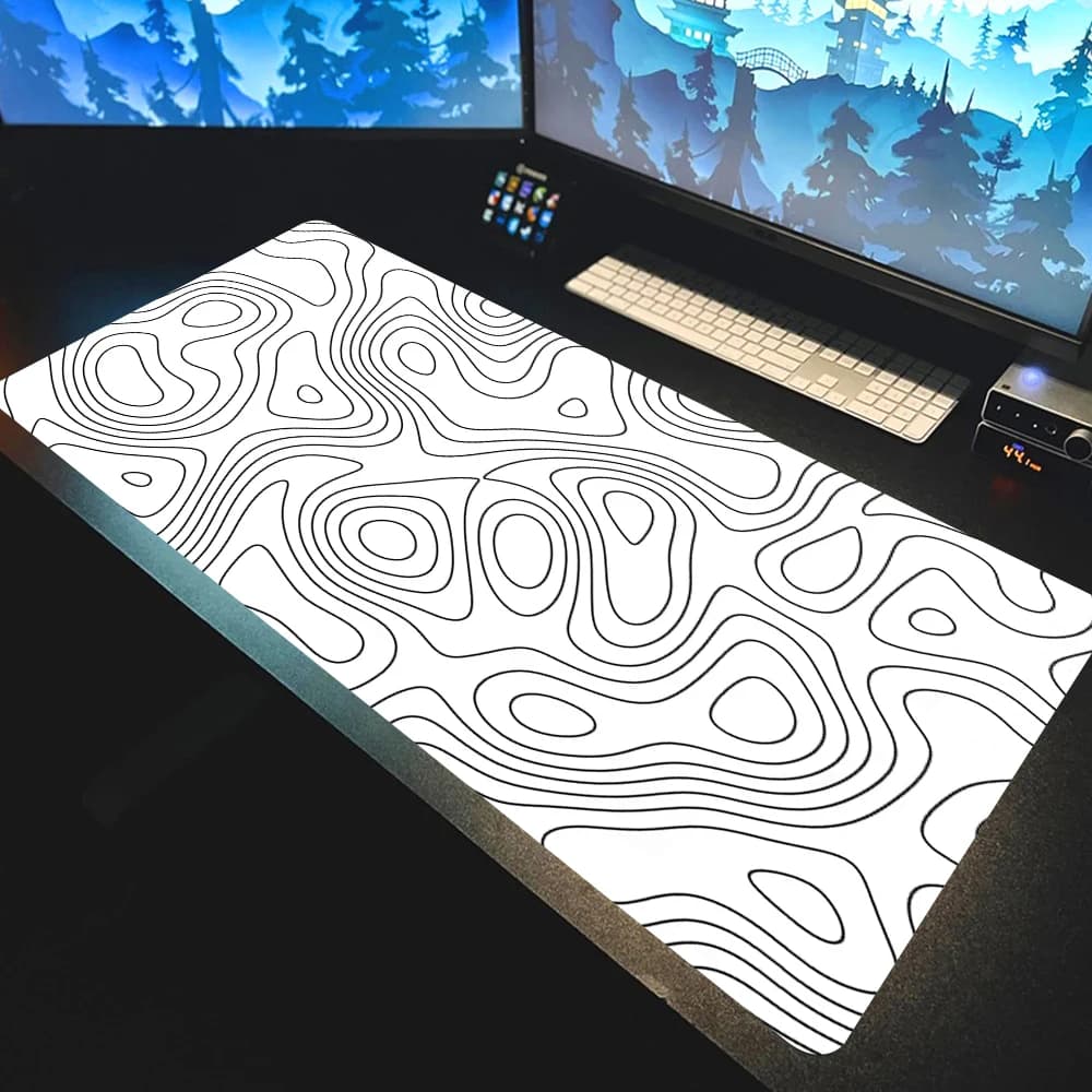 Tappetino per Mouse Liquido Lineare, Accessori da Gaming, Tappetino da Tavolo Topografico, Marmo Bianco e Nero, 100x50cm, Tappetino Personalizzato per PC