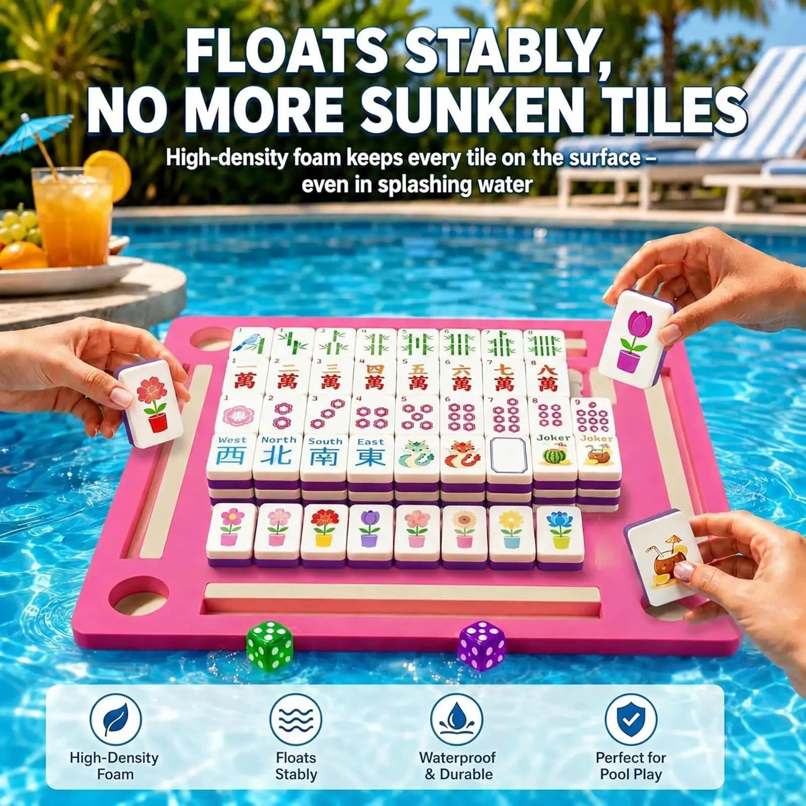 Floating Mahjong Set Travel-Friendly American Mahjong Set Game Complete Premium for Travelers, Pool, Beach