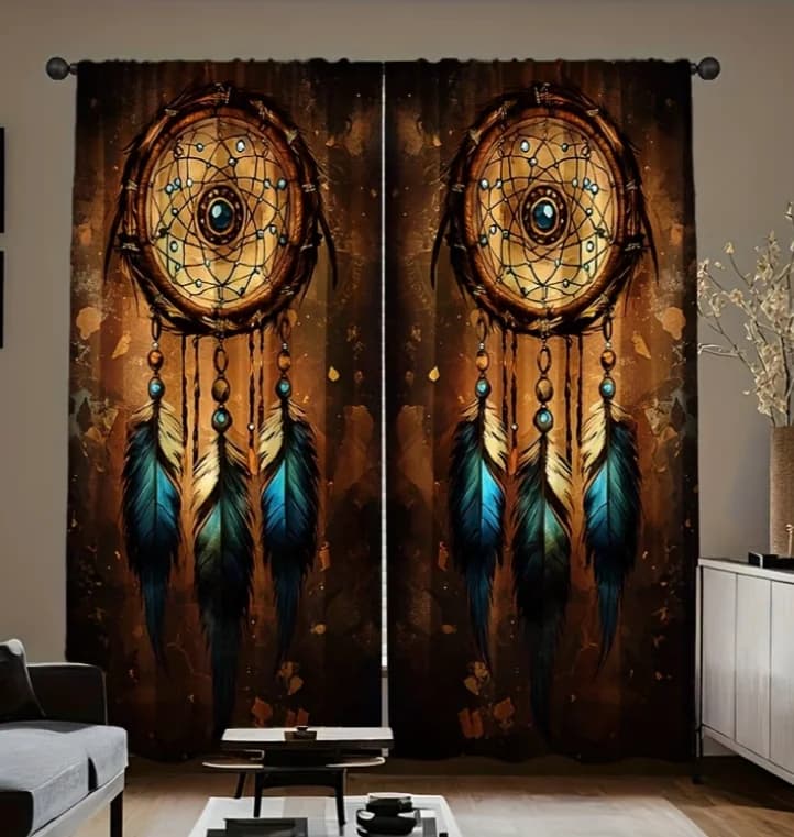 2pcs Curtains Featuring Dreamcatchers with Native American Elements for Home or Office Decor
