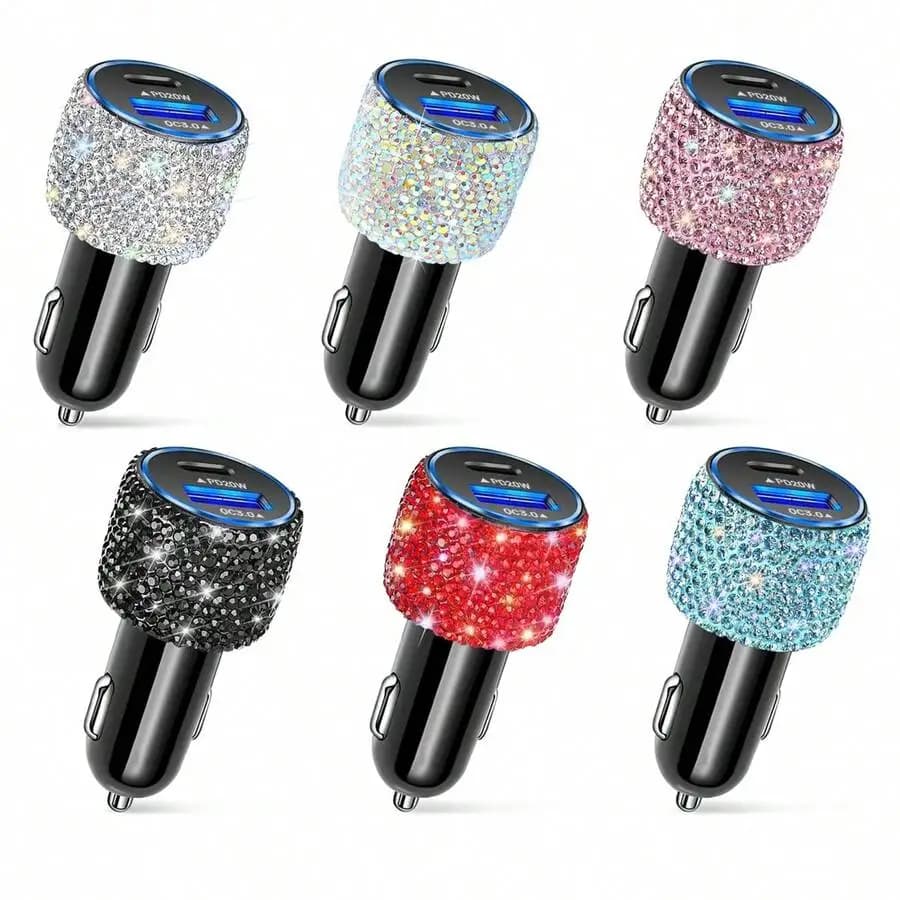Caricabatterie per auto in cristallo scintillante con doppia porta USB PD 20W, schermo digitale per la visualizzazione della tensione, 12V/24V, per telefono, GPS, dashcam, sei colori glitterati
