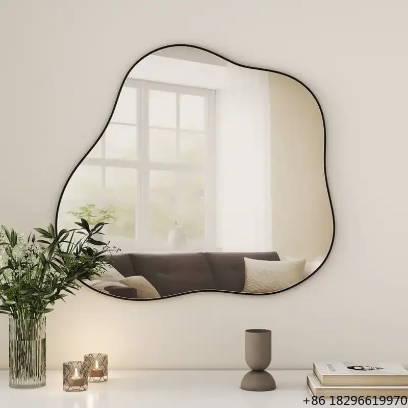 Specchio da Parete Ondulato Irregolare Elegante con Cornice in Metallo Nero, Specchio Decorativo Asimmetrico per Camera da Letto e Bagno
