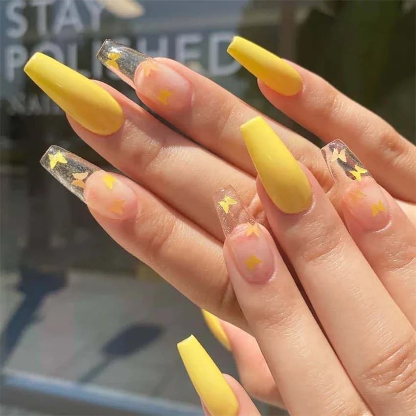 24 pz/set balletto lungo francese indossando unghie finte Barbie pasta farfalla gialla unghie finte copertura completa stampa acrilica su Nail Art